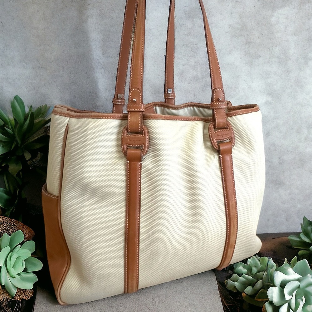Salvatore Ferragamo coated canvas brown leather trim LG tote bag GC HC105